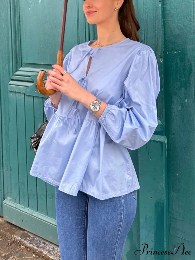 Patterned Baggy Lace-Up Circular Neck Blouse - Image 6
