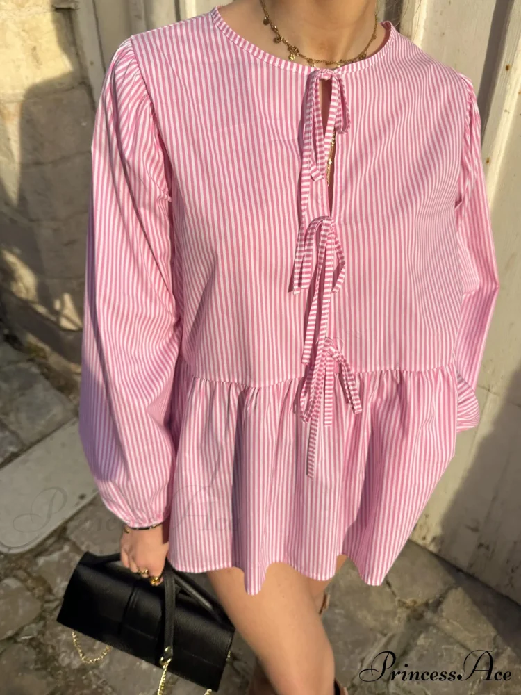 Patterned Baggy Lace-Up Circular Neck Blouse - Image 7
