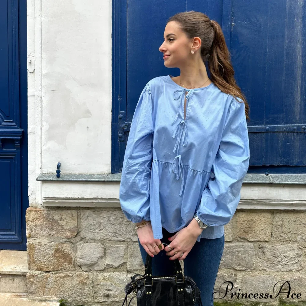 Patterned Baggy Lace-Up Circular Neck Blouse - Image 8