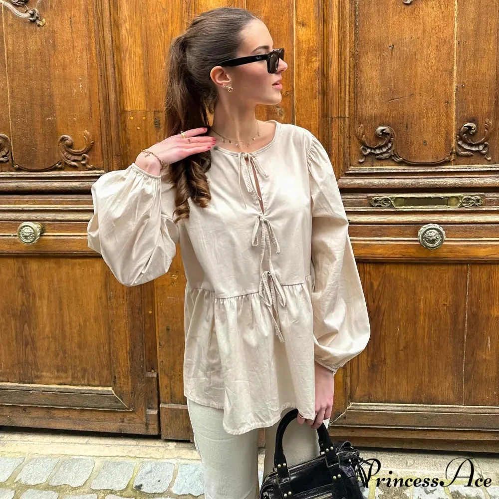 Patterned Baggy Lace-Up Circular Neck Blouse - Image 9