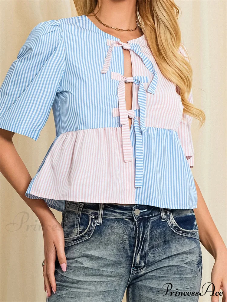 Patterned Fastened Short Sleeve Blouse - Image 3