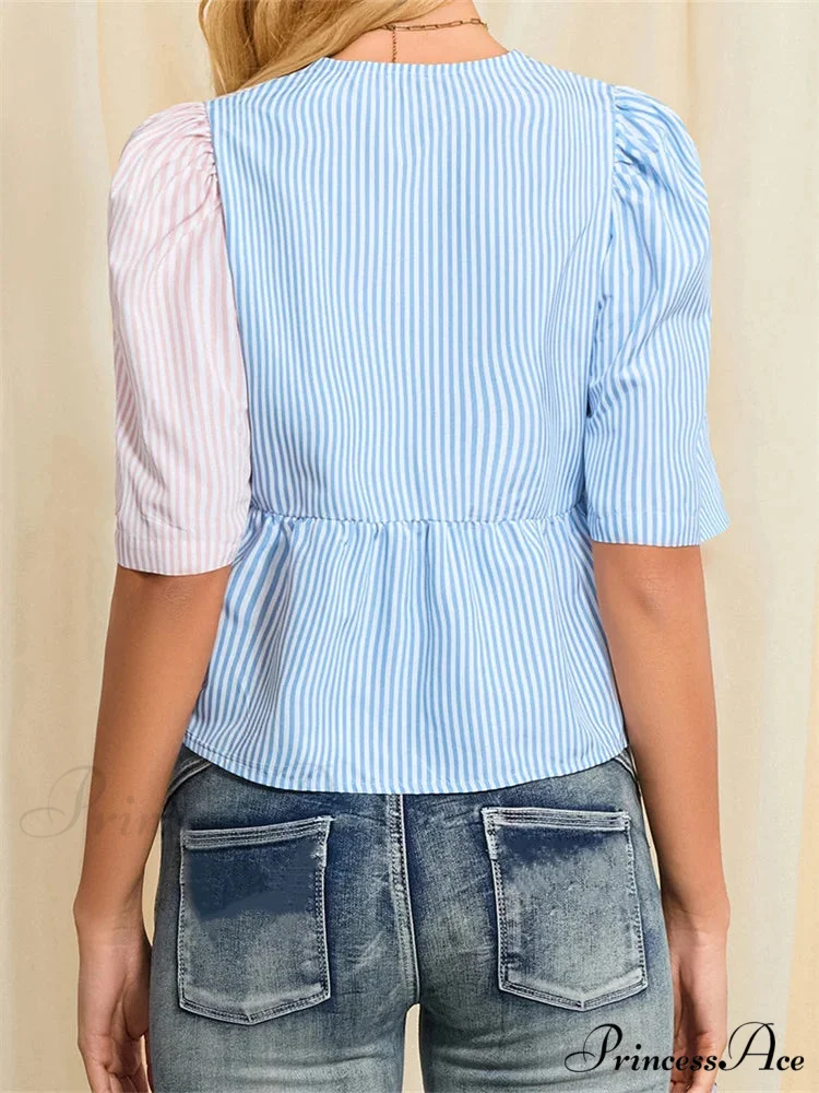 Patterned Fastened Short Sleeve Blouse - Image 4