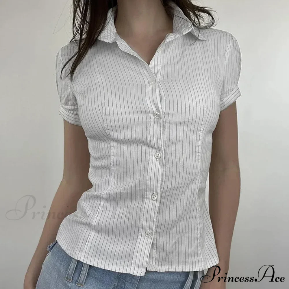 Patterned French Button-Up Fold-down Collar Blouse - Image 5