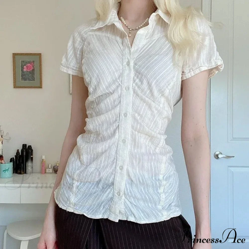 Patterned French Button-Up Fold-down Collar Blouse - Image 7