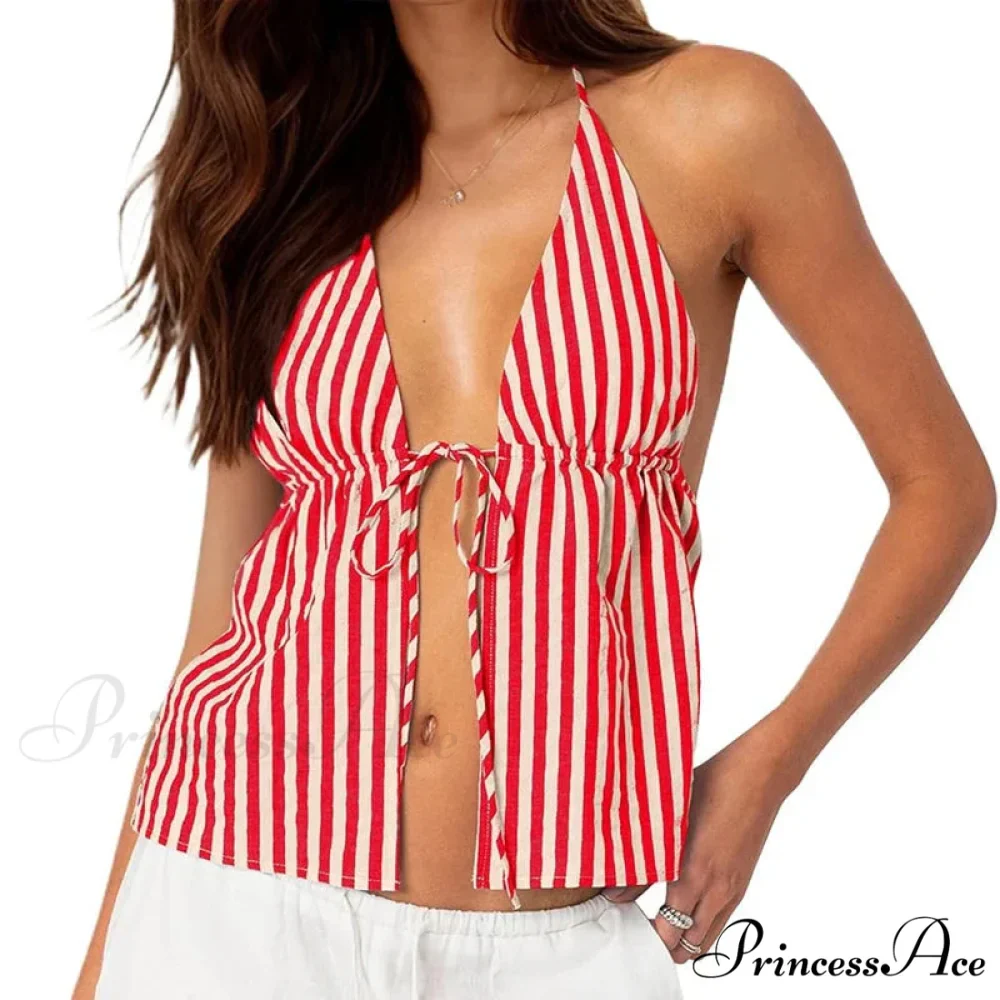 Patterned Front Knot Halter Deep V Crop Top - Image 10