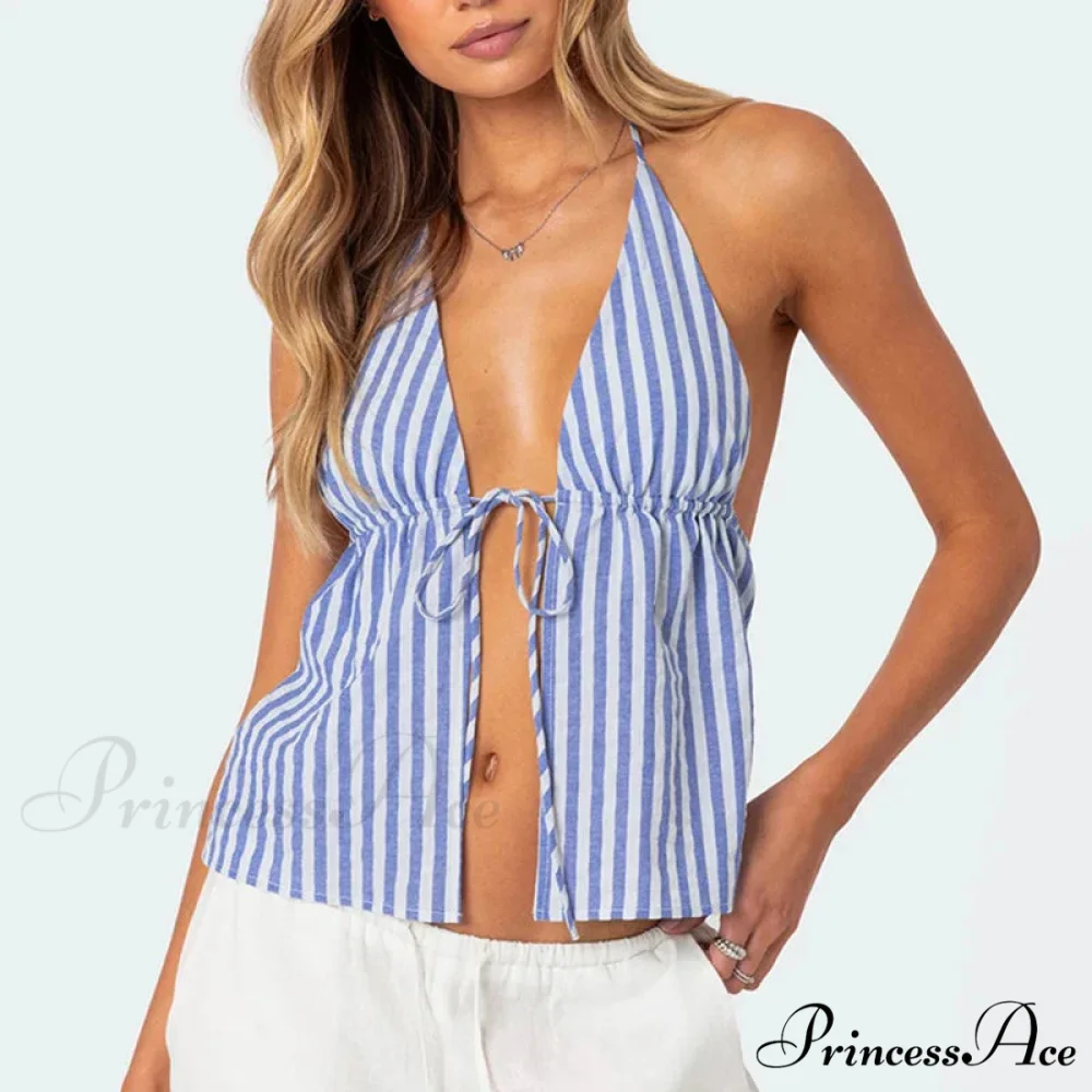 Patterned Front Knot Halter Deep V Crop Top - Image 3