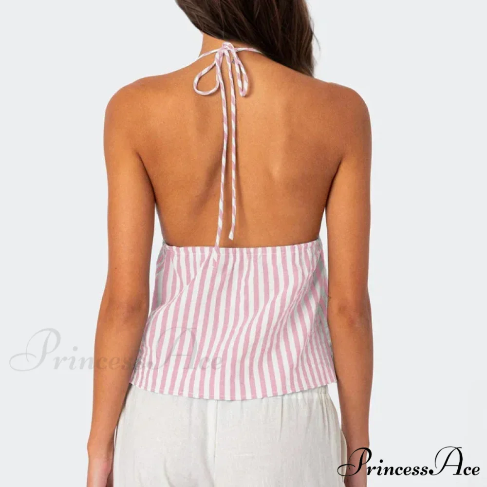 Patterned Front Knot Halter Deep V Crop Top - Image 5