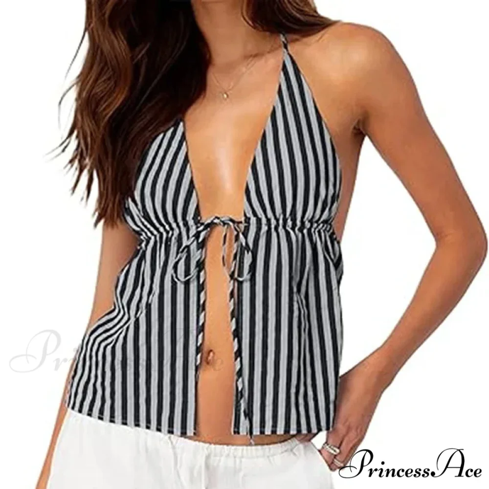 Patterned Front Knot Halter Deep V Crop Top - Image 6