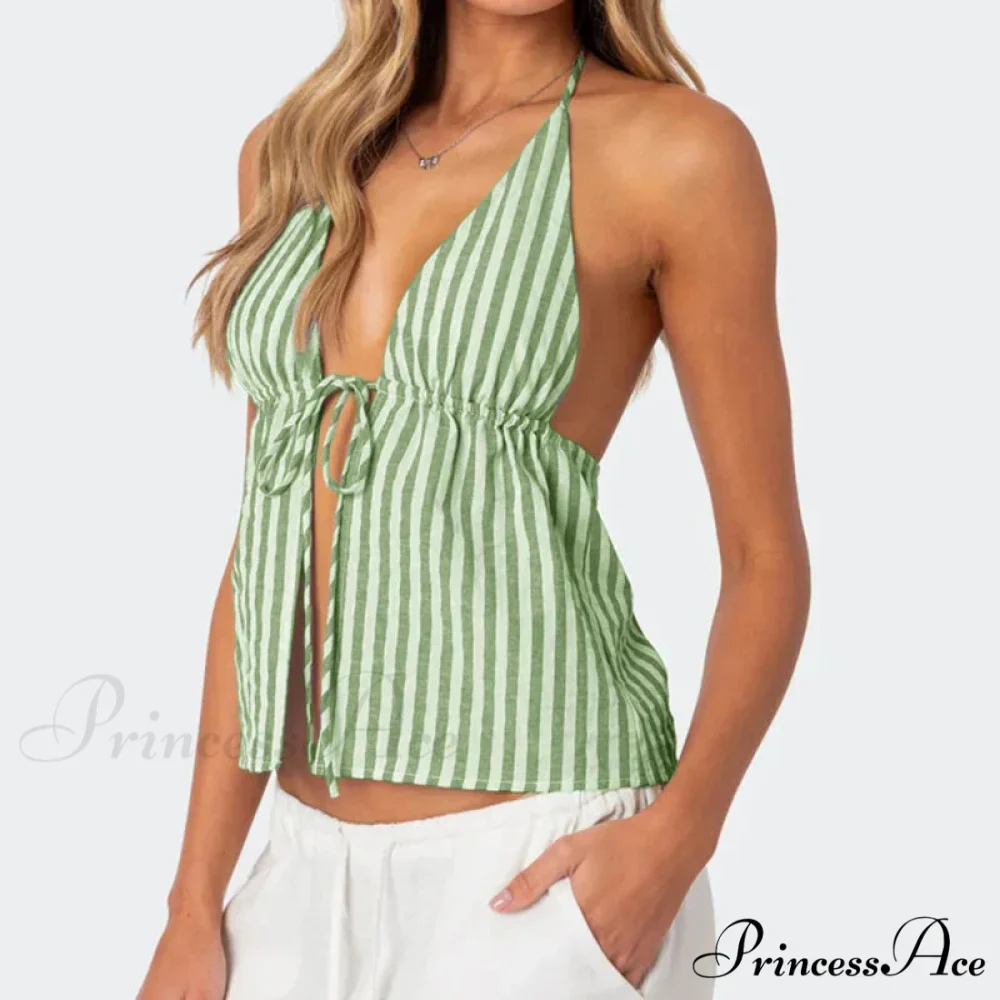 Patterned Front Knot Halter Deep V Crop Top - Image 7