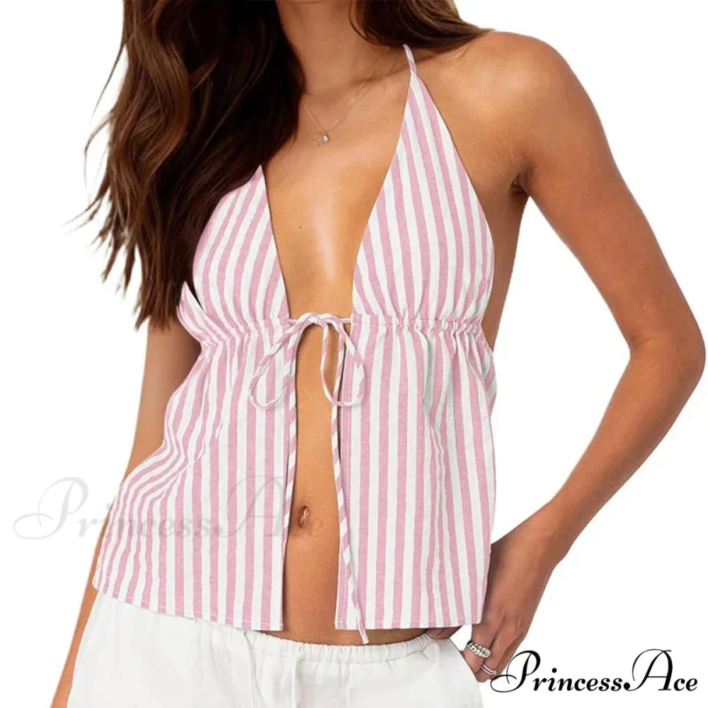 Patterned Front Knot Halter Deep V Crop Top - Image 9