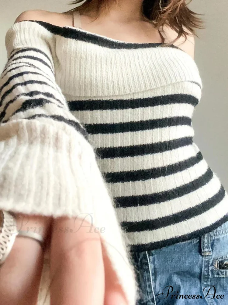 Patterned Knitted Slash Neck Extended Sleeve Fundamental Pullover Sweater - Image 2