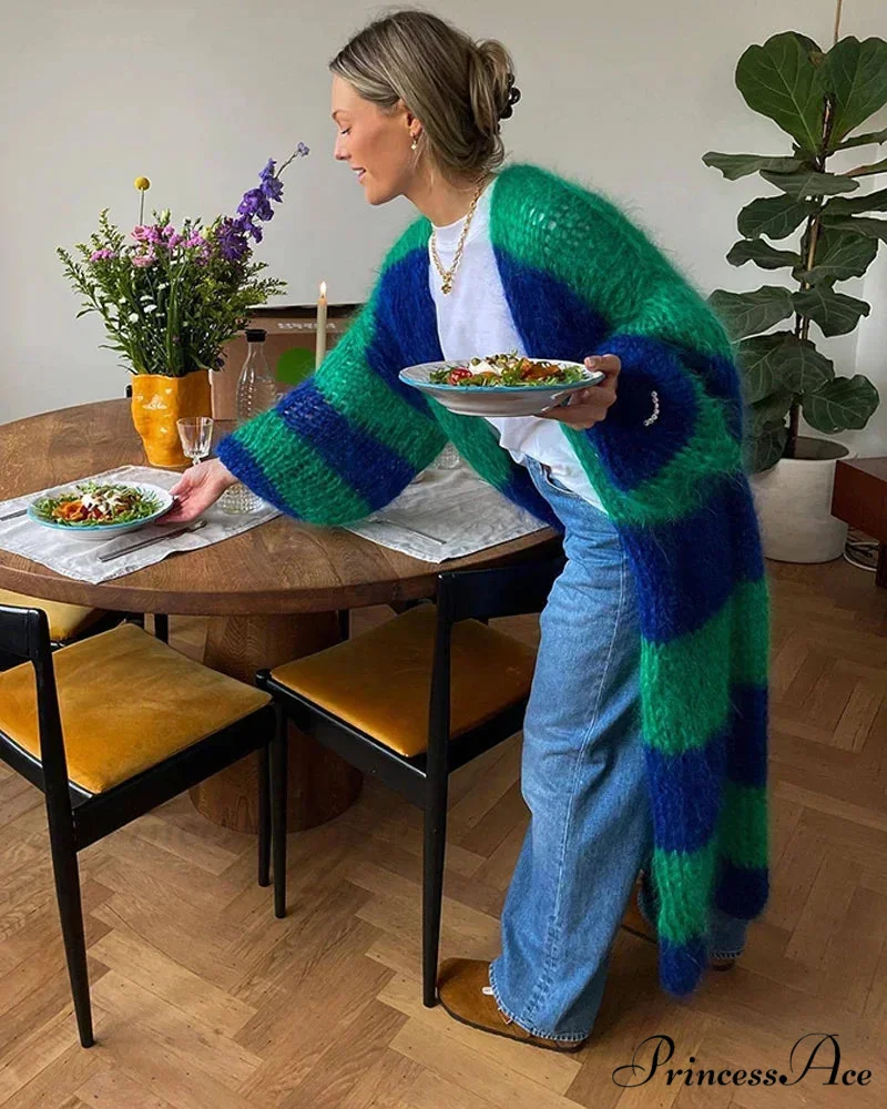 Patterned Lantern Sleeve Generously Sized Cardigan