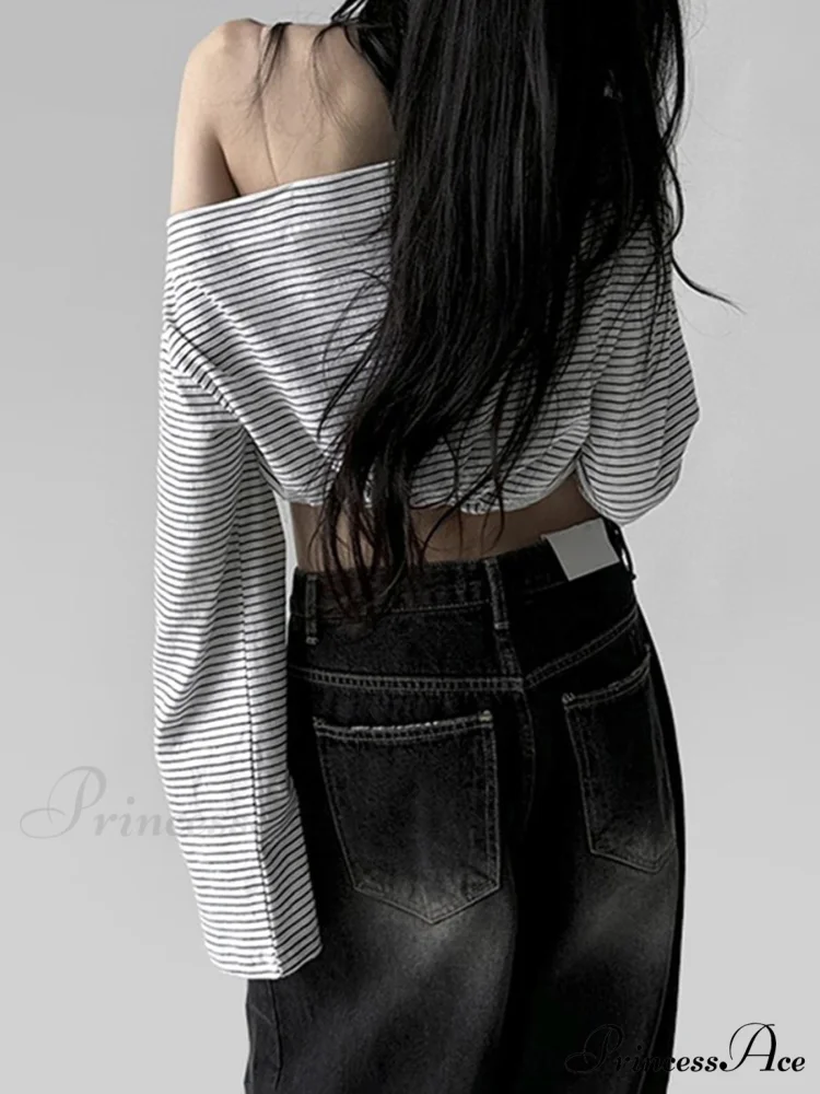 Patterned Off-Shoulder Baggy Slash Neck Extended Sleeve Knit Top - Image 2