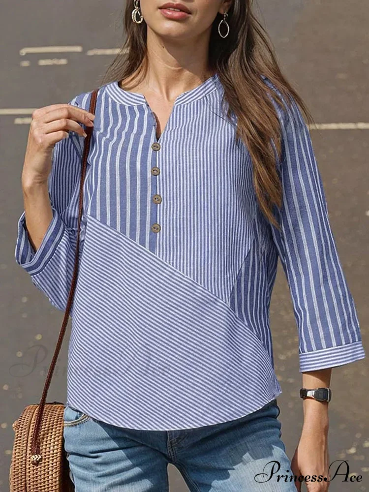 Patterned Patched Baggy V-neck Informal Blouse - Image 2