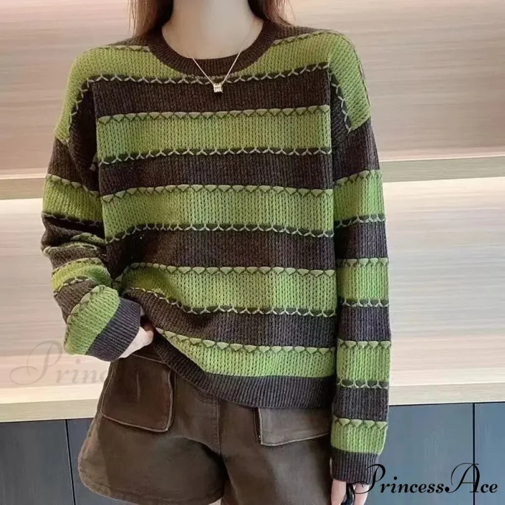 Patterned Patchwork Circular Neck Korean Versatile Sweater