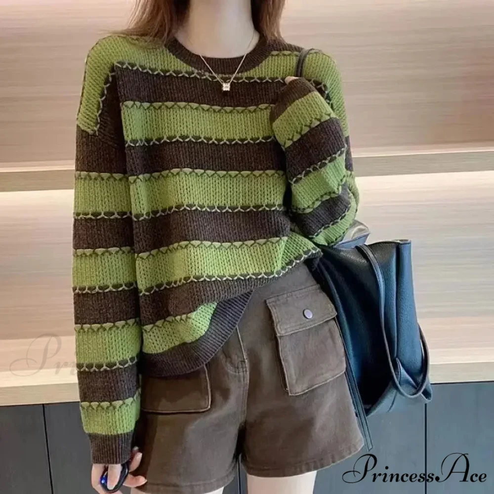 Patterned Patchwork Circular Neck Korean Versatile Sweater - Image 2