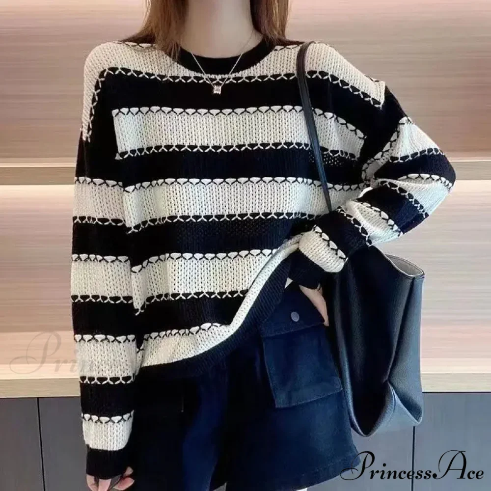 Patterned Patchwork Circular Neck Korean Versatile Sweater - Image 3
