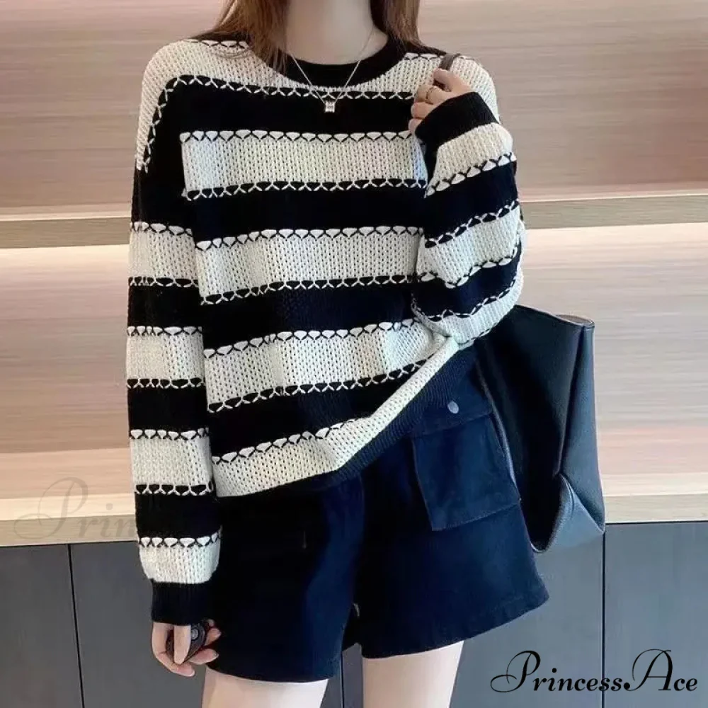 Patterned Patchwork Circular Neck Korean Versatile Sweater - Image 4
