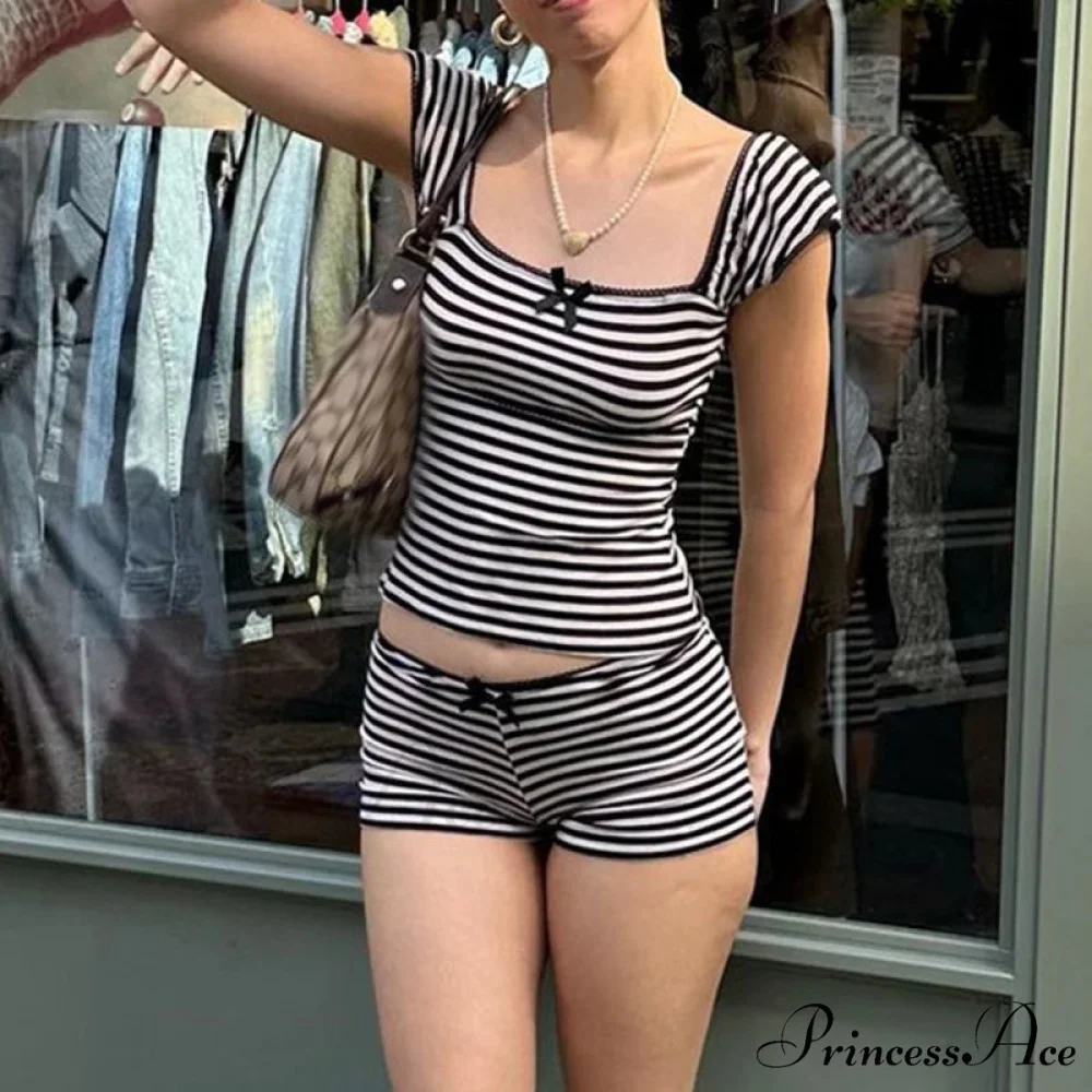 Patterned Ribbon Aesthetic Cropped Tank Short Waist Shorts Two Pieces Set - Image 2
