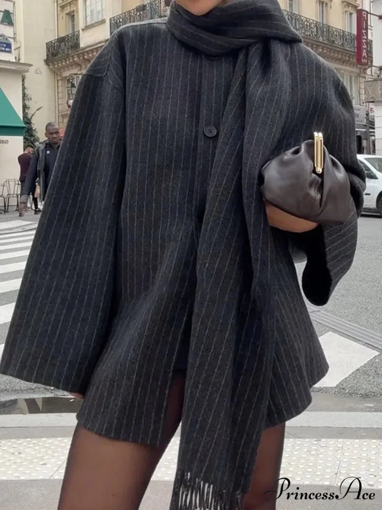 Patterned Scarf Collar Informal Wool Overcoat - Image 5