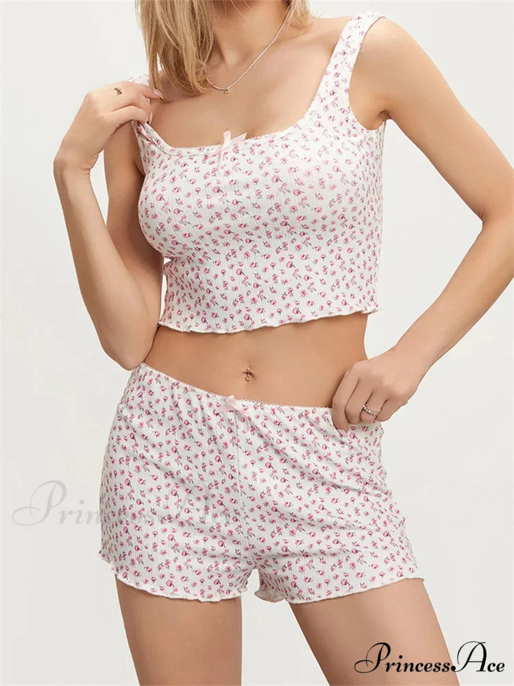 Patterned Sleeveless Square Neck Camis Crop Top with Shorts Pajama Set - Image 2