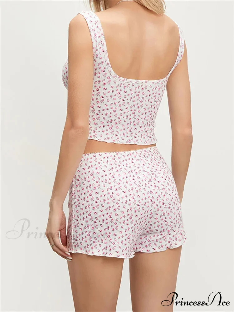 Patterned Sleeveless Square Neck Camis Crop Top with Shorts Pajama Set - Image 4