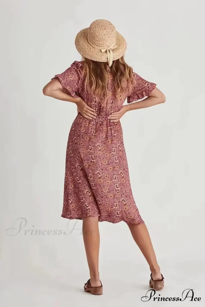 Patterned Square Neck Short Sleeve Beachwear Boho Midi Dress - Image 2