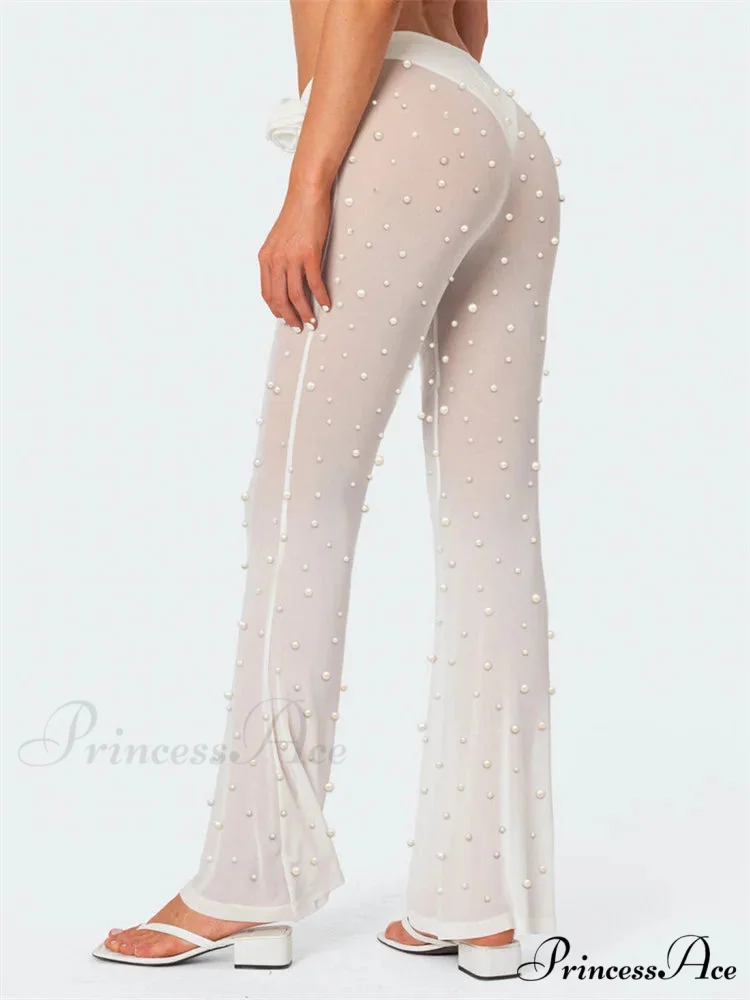 Pearl Patchwork Mesh Transparent Elastic Waist Pant - Image 2