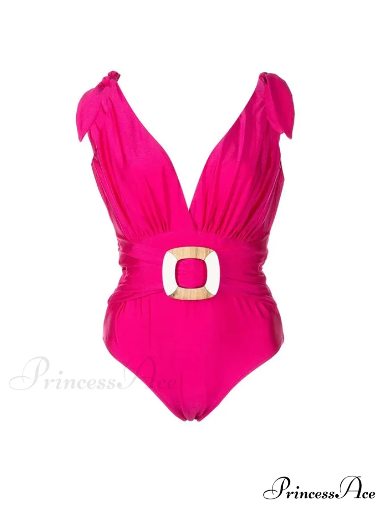 Pink Deep V Seductive Swimsuit One Piece - Image 3