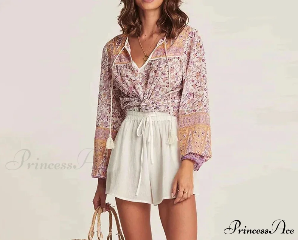 Pink Flowered Printed Baggy Extended Sleeve Boho Top - Image 4