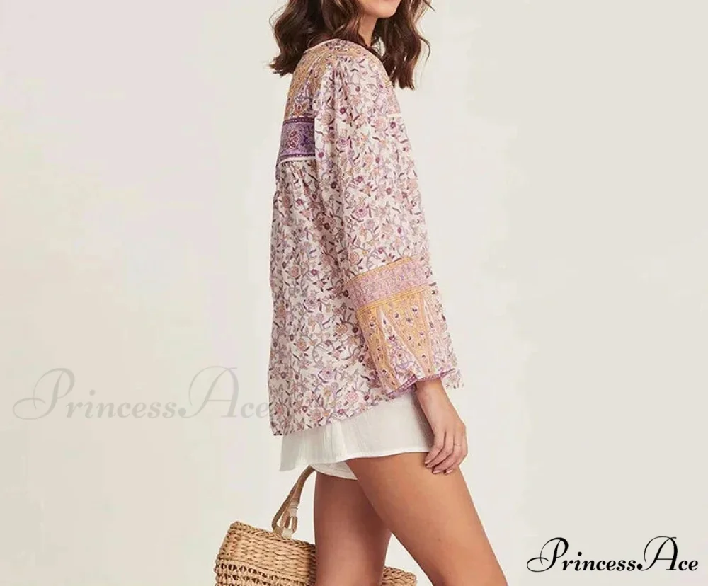 Pink Flowered Printed Baggy Extended Sleeve Boho Top - Image 5