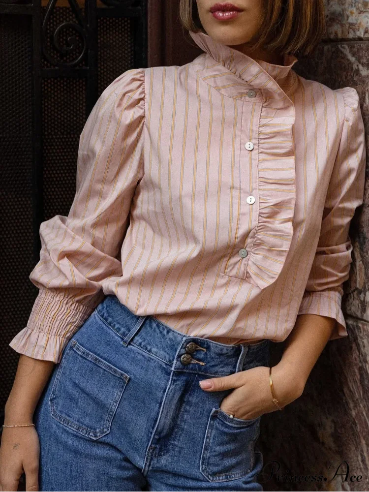 Pink Line Stand Collar Frilled Blouse - Image 2