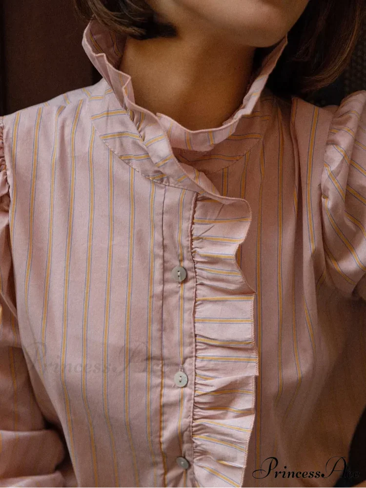 Pink Line Stand Collar Frilled Blouse - Image 3