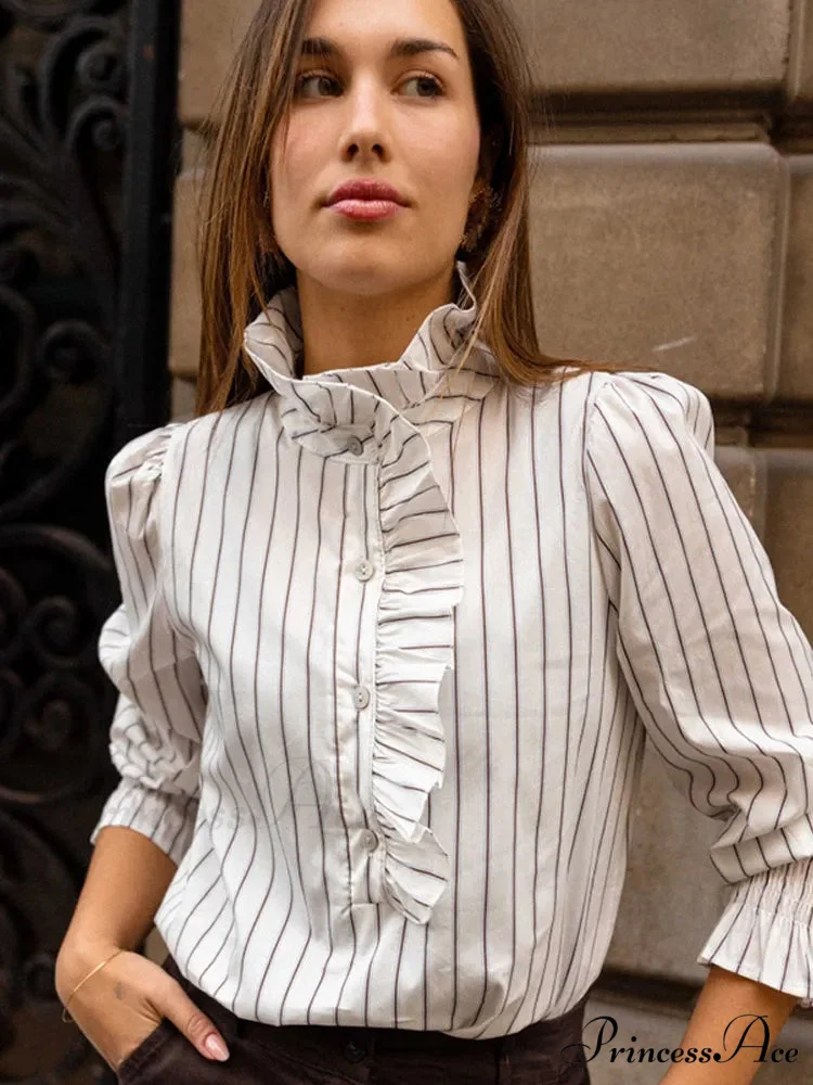Pink Line Stand Collar Frilled Blouse - Image 4