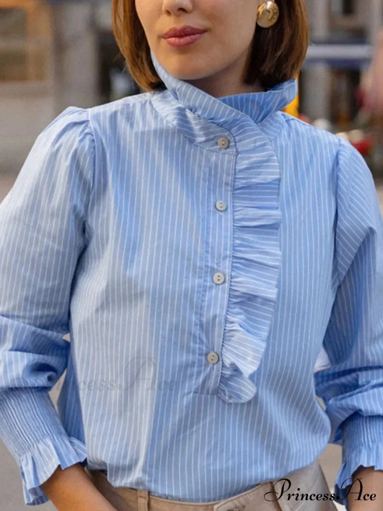 Pink Line Stand Collar Frilled Blouse - Image 5