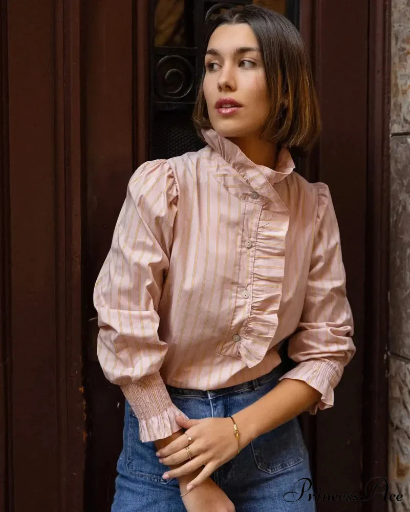 Pink Line Stand Collar Frilled Blouse - Image 6