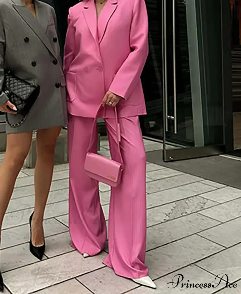 Pink Printed Pockets Blazer Pants Office Two Piece Set - Image 2