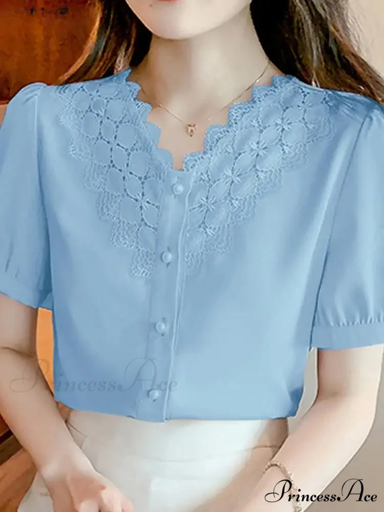 Plain Hue V Neck Short Sleeve Workplace Blouse - Image 2