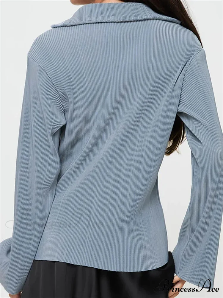 Pleated Deep-neck Button-Up Top - Image 2