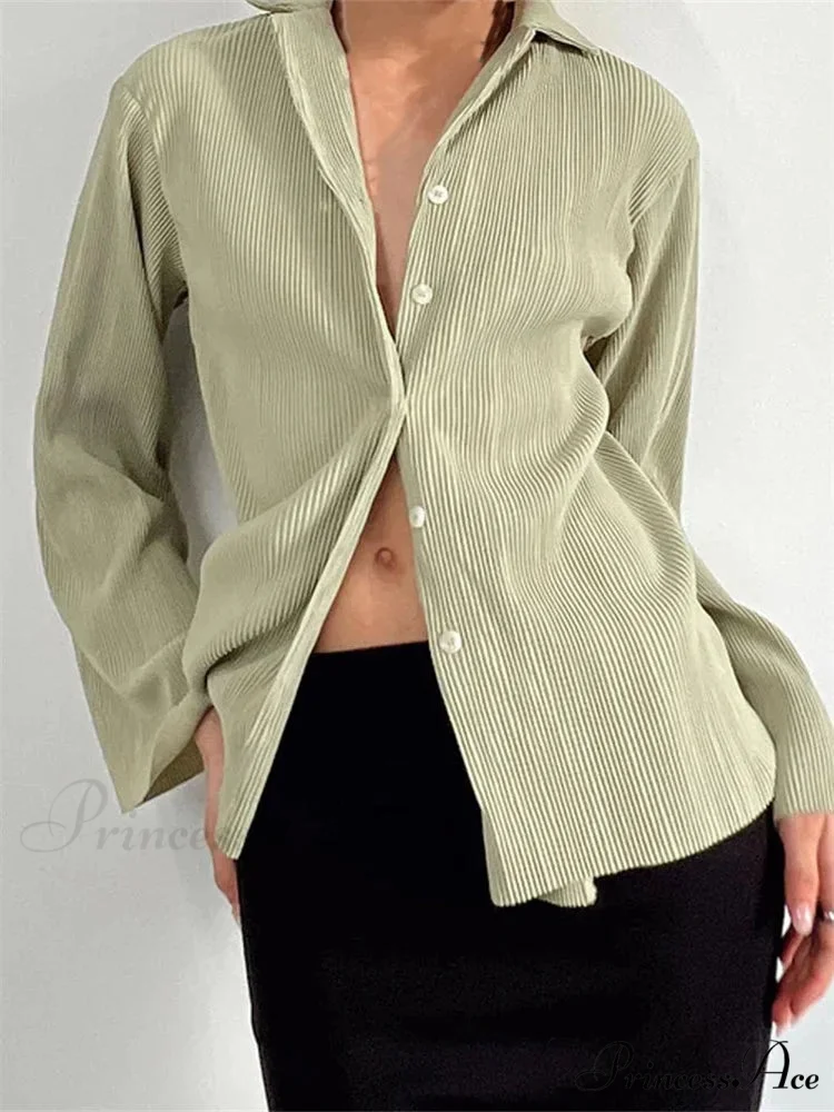 Pleated Deep-neck Button-Up Top - Image 3