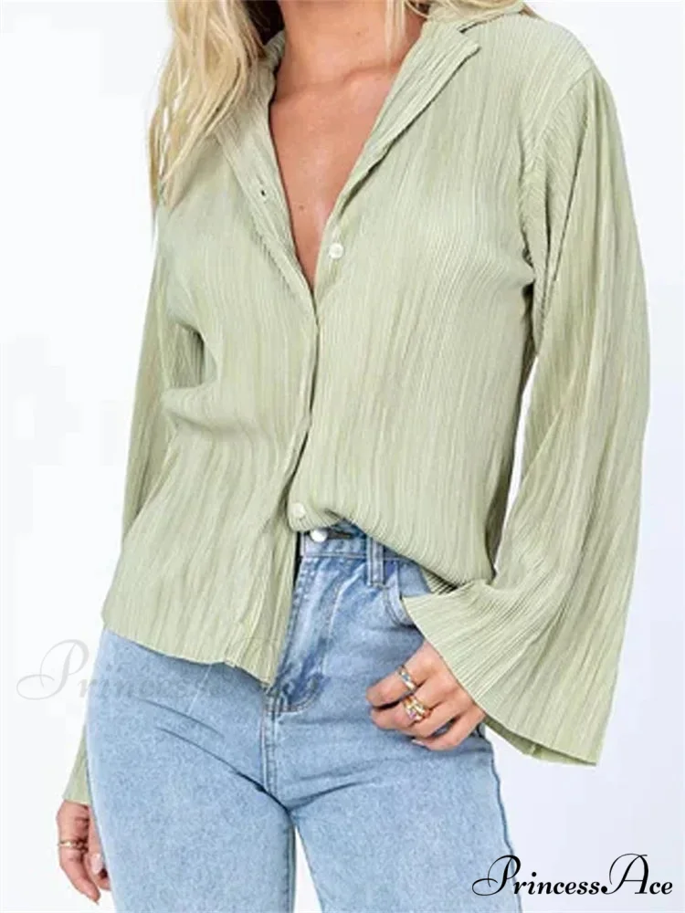 Pleated Deep-neck Button-Up Top - Image 4