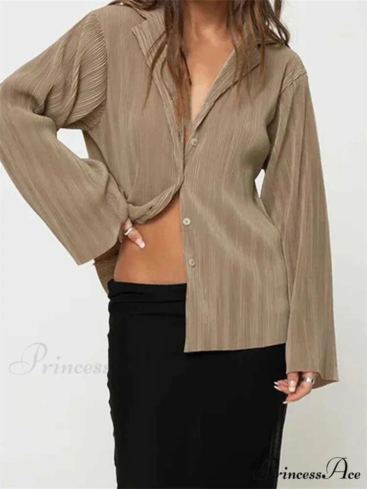 Pleated Deep-neck Button-Up Top - Image 5