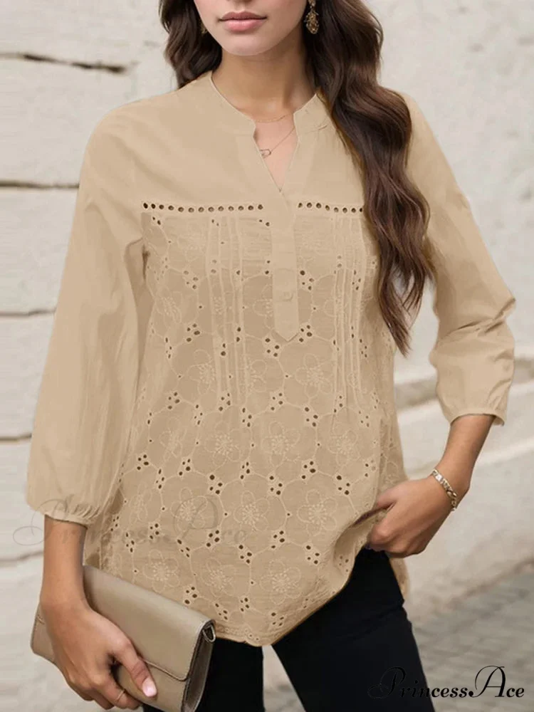 Pleated Lace Insert V-neck 3/4 Sleeve Blouse

Modified Title: Folded Lace Insert V-neck Three-Quarter Sleeve Top - Image 2
