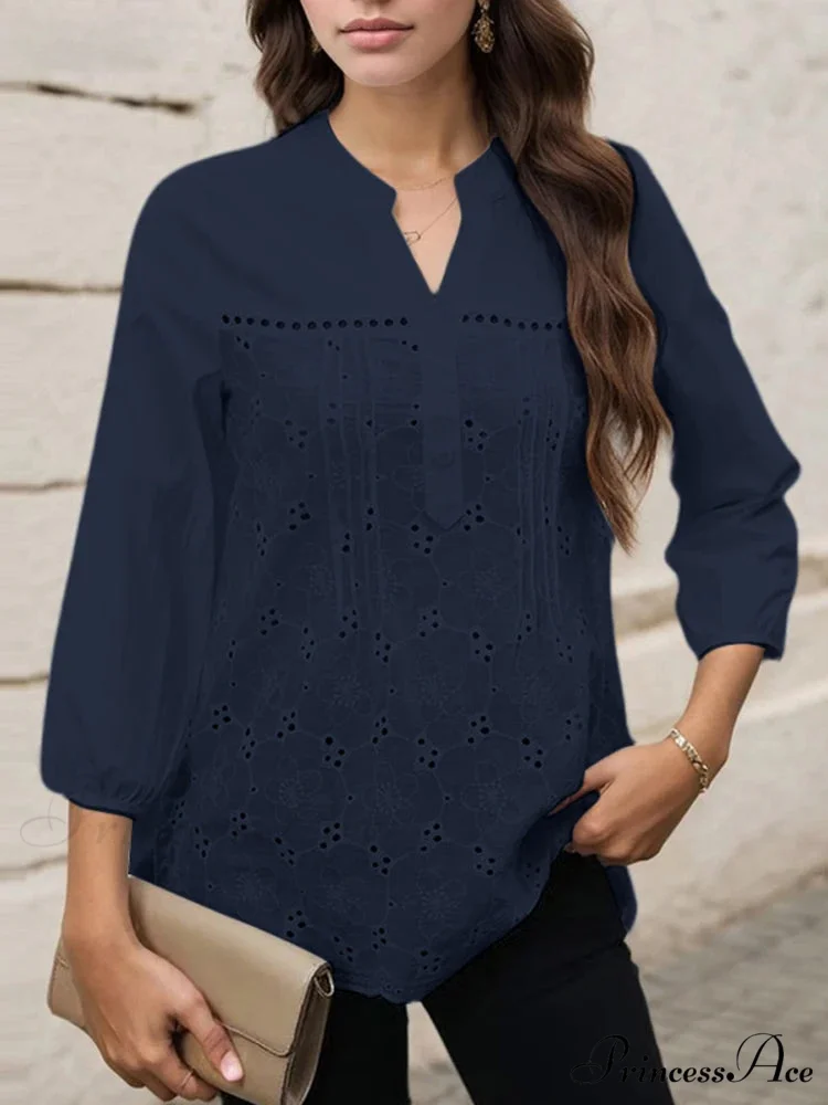 Pleated Lace Insert V-neck 3/4 Sleeve Blouse

Modified Title: Folded Lace Insert V-neck Three-Quarter Sleeve Top - Image 3