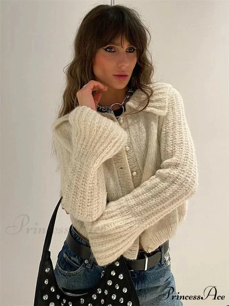 Pleated Lapel Patchwork 2000s Cardigan - Image 4