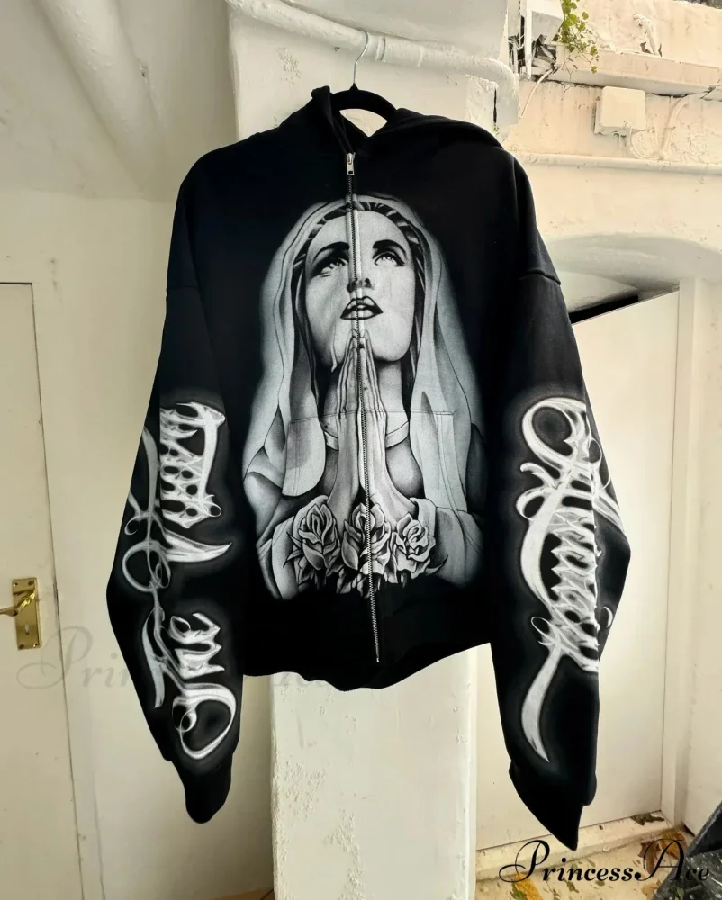 Prayer Portrait Dark Zipper Hoodie - Image 2