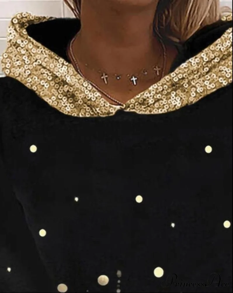 Casual Polka Dot Print Contrast Sequins Print Long Sleeve Hoodie - Image 2