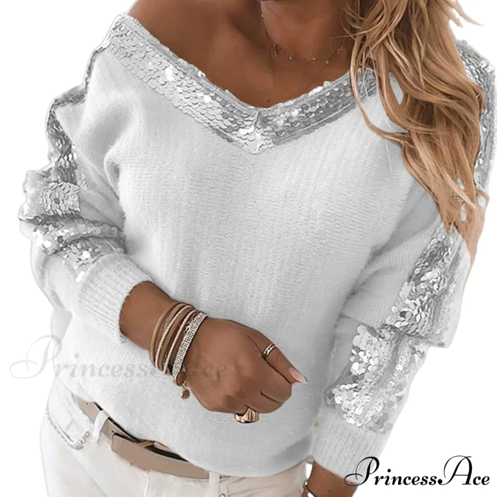 V Neck Long Sleeve Sequins One Shoulder Pullover - Image 2