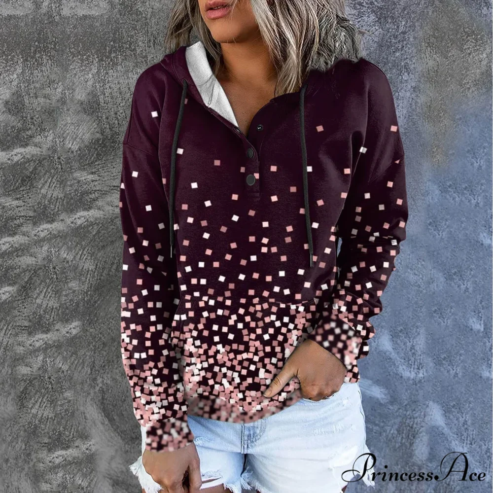 Casual Drawstring Button Sequins Printed Hooded Sweatshirts - Image 2