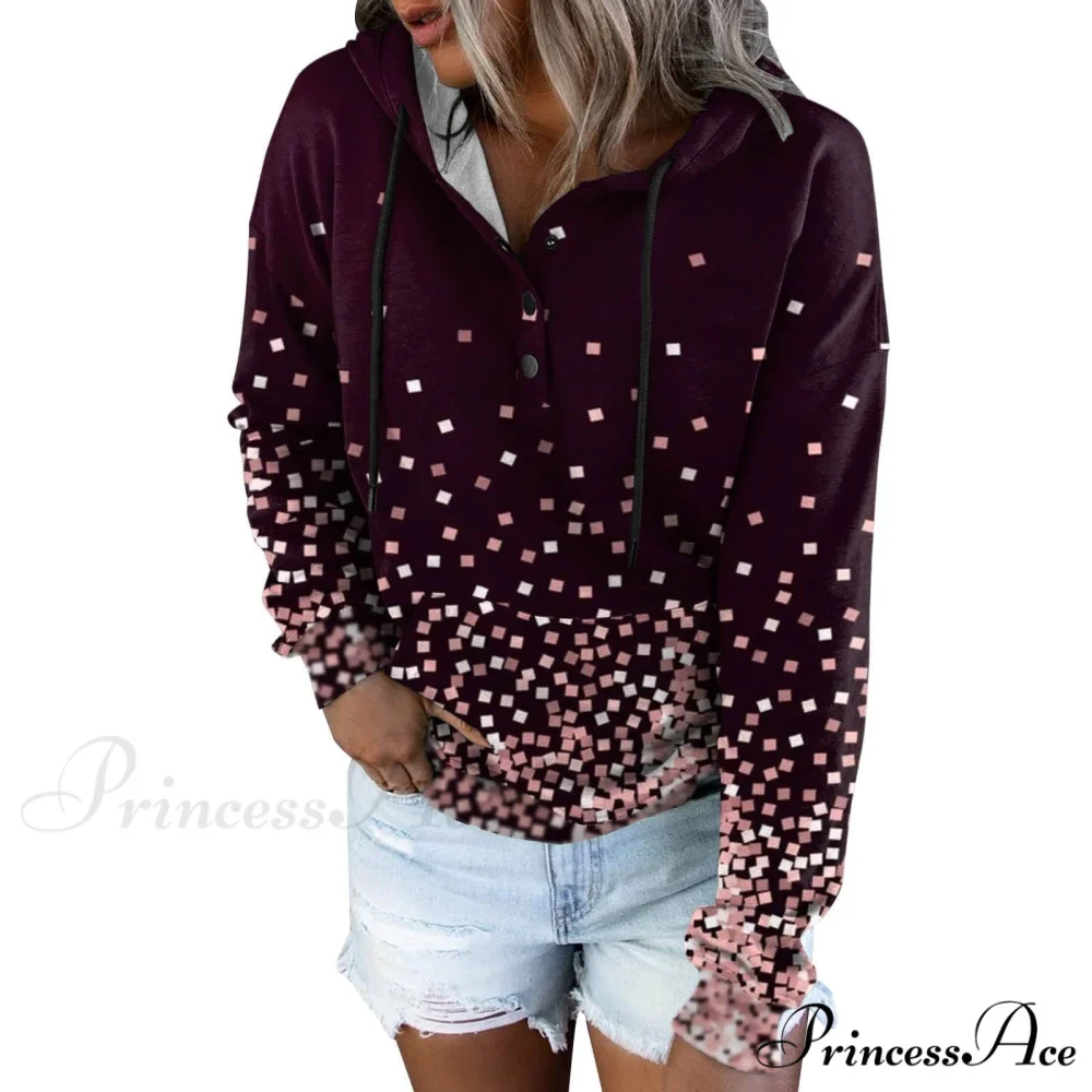 Casual Drawstring Button Sequins Printed Hooded Sweatshirts - Image 6